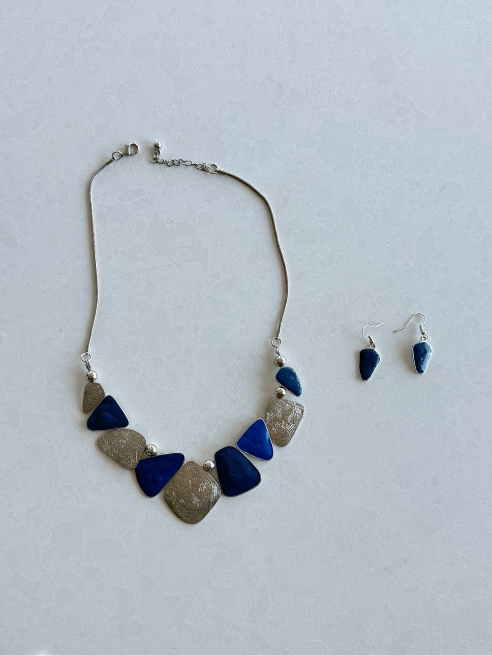 Modern Blue & Silver Tone Geometric Necklace and Earring Set